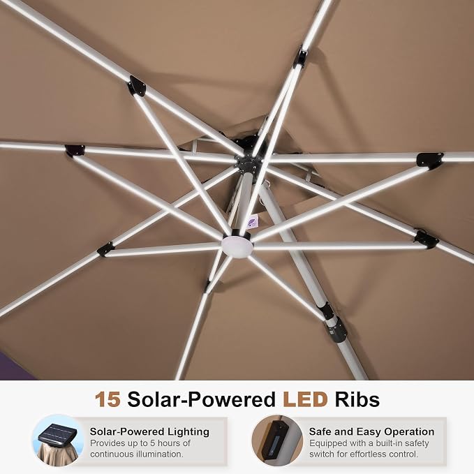 PURPLE LEAF Cantilever Umbrella 12ft Solar LED Light Double Top, Support to - Image 3