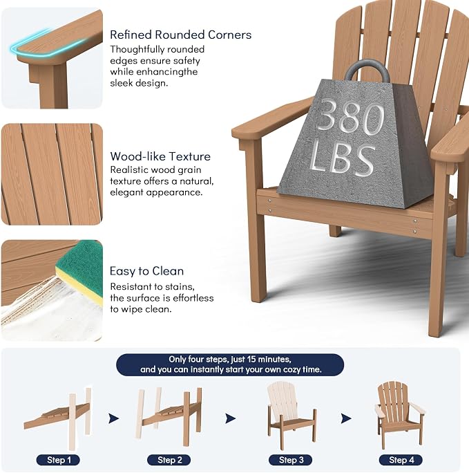 Compact Stackable Adirondack Chairs, All Weather HDPE, Teak | 26.3" Wide HDPE - Image 5