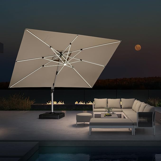 PURPLE LEAF Cantilever Umbrella 10' X 13' Double Top Solar LED Light, Support by PURPLELEAF