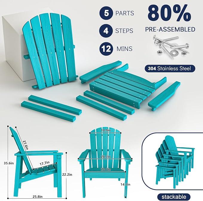 Stackable Adirondack Chairs Set of 4, Compact HDPE, Aruba | 26.3" Wide HDPE - Image 5