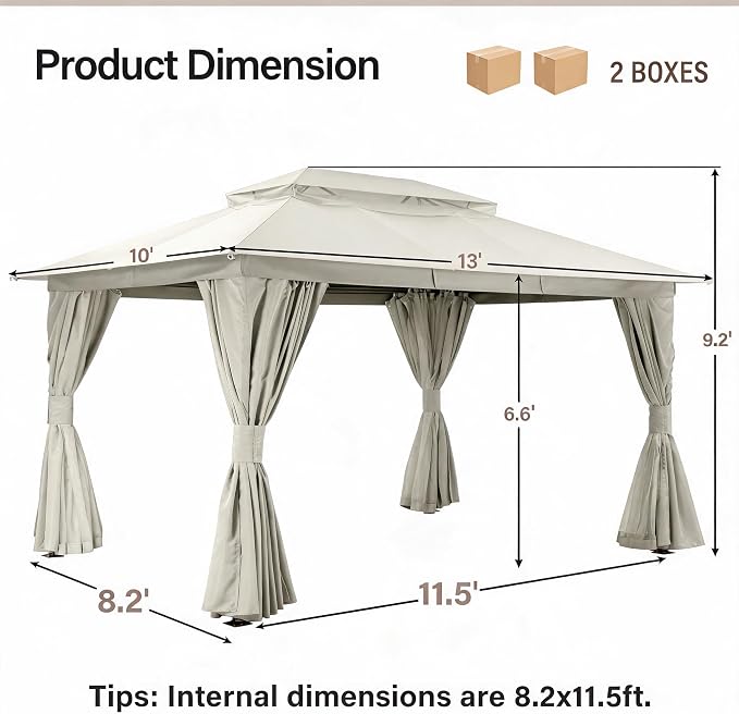10'x13' Outdoor Gazebo, Heavy Duty Metal Frame Patio Canopy - Image 2