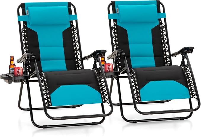 PHI VILLA Padded Zero Gravity Chair Set of 2, Cup Holder, 28in Seat, Aqua | by PHIVILLA