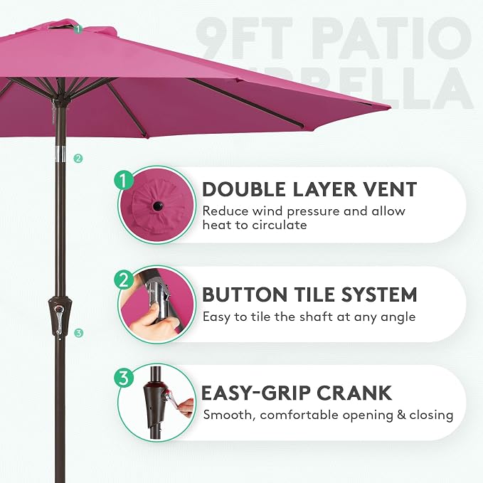 JEAREY 9FT Outdoor Patio Umbrella, Market Umbrella, Rose Pink | Outdoor Table - Image 2