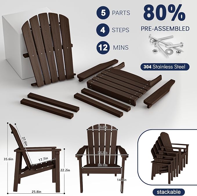 Stackable Adirondack Chairs Set of 4, Compact HDPE, Coffee | 26.3" Wide HDPE - Image 6