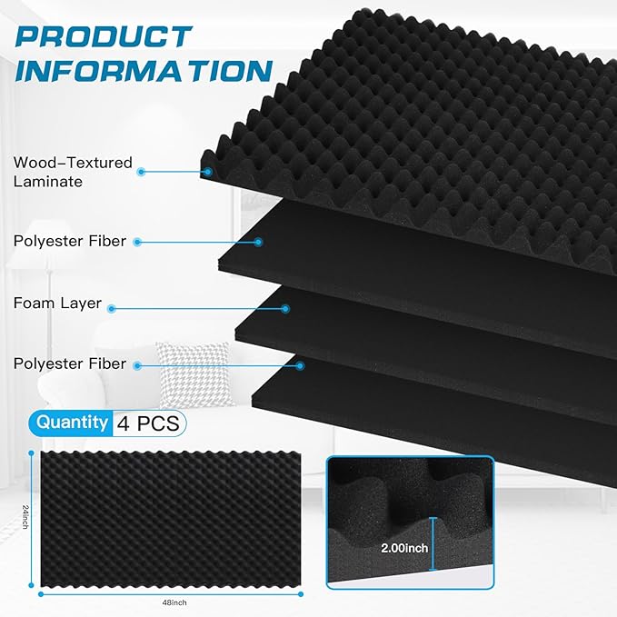 2 Pack Acoustic Panels, 48x24x2” Egg Crate Soundproof Foam Wall Panels High Density Noise Canceling Studio Foam Wall Panels for Echo Absorption Home Office (Black 2 Pack, 48"x24"x2")