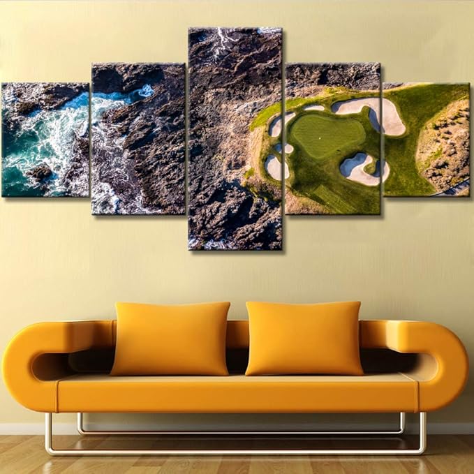5 Panel Canvas Wall Art California Golf Links Paintings for Bedroom Ocean Stone and Green Lawn Pictures HD Prints Modern Home Decor Sea Landscape Artwork Framed Stretched Ready to Hang(50''Wx24''H)