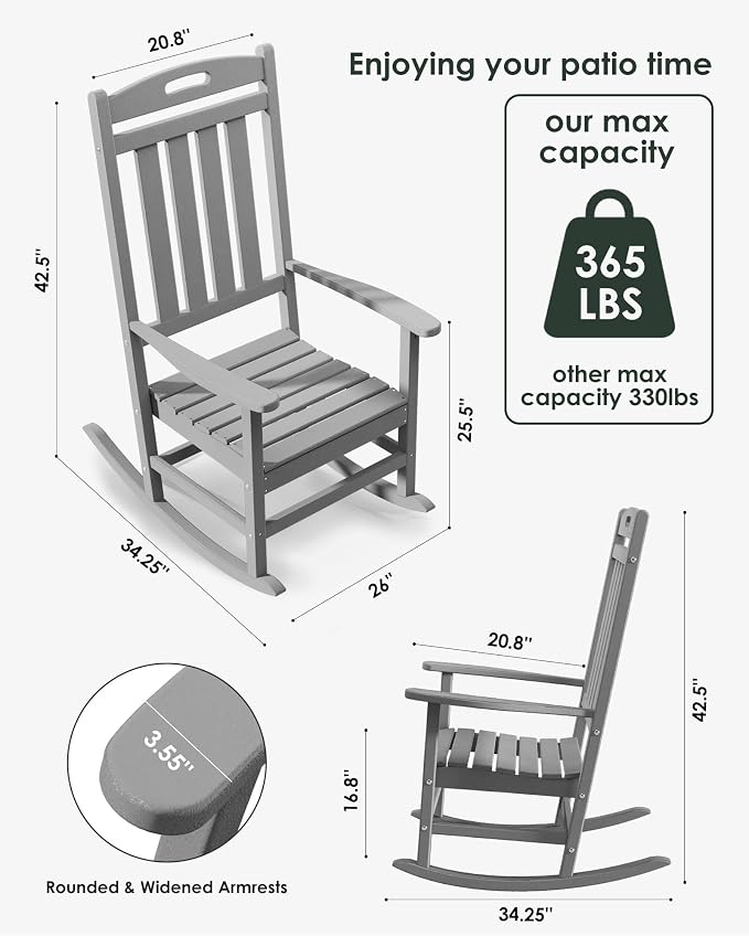 Outdoor Rocking Chair Set of 6, All-Weather Resistant Poly Lumber Rocker Chair - Image 2