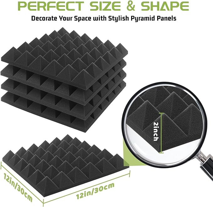 56 Pack Acoustic Foam Panels, 12 x 12 x 2 Inches Mirovant Sound Proof Foam Panels for Walls Pyramid Soundproofing Pyramid Studio Foam Noise Absorbing Black
