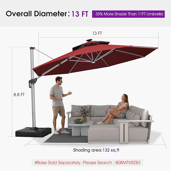 PURPLE LEAF Cantilever Umbrella 13ft Solar LED Light Double Top, Brick Red | - Image 8