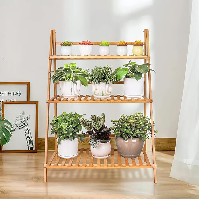 Ufine Bamboo Ladder Plant Stand 3 Tier Foldable Flower Pot Display Shelf | - Image 3