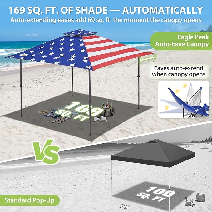 EAGLE PEAK 13x13 Pop Up Canopy Tent, Auto Extended Eaves, American Flag | Easy - Image 4