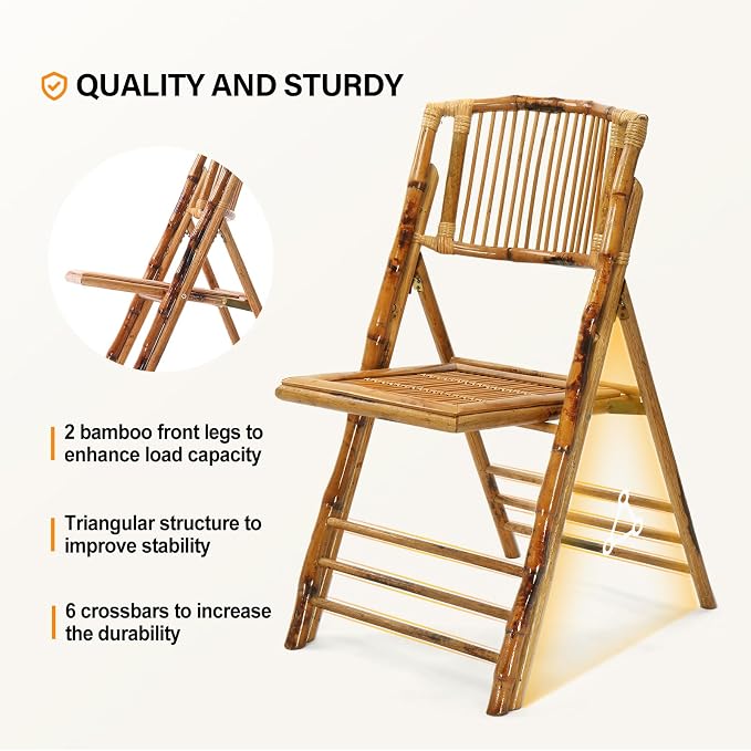 VINGLI Bamboo Folding Chair, Foldable Dining Wood Chairs Comfortable Seat - Image 5