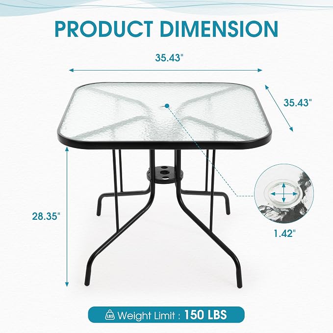 Patio Dining Table for 4 with Umbrella Hole | Outdoor 5 Piece Dining Set 36" x - Image 3
