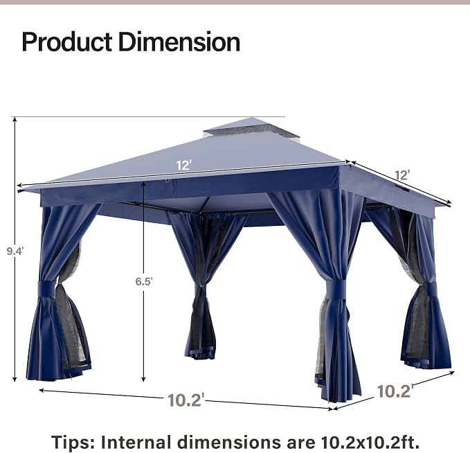 12'x12' Outdoor Gazebo, Heavy Duty Metal Frame Patio Canopy - Image 2