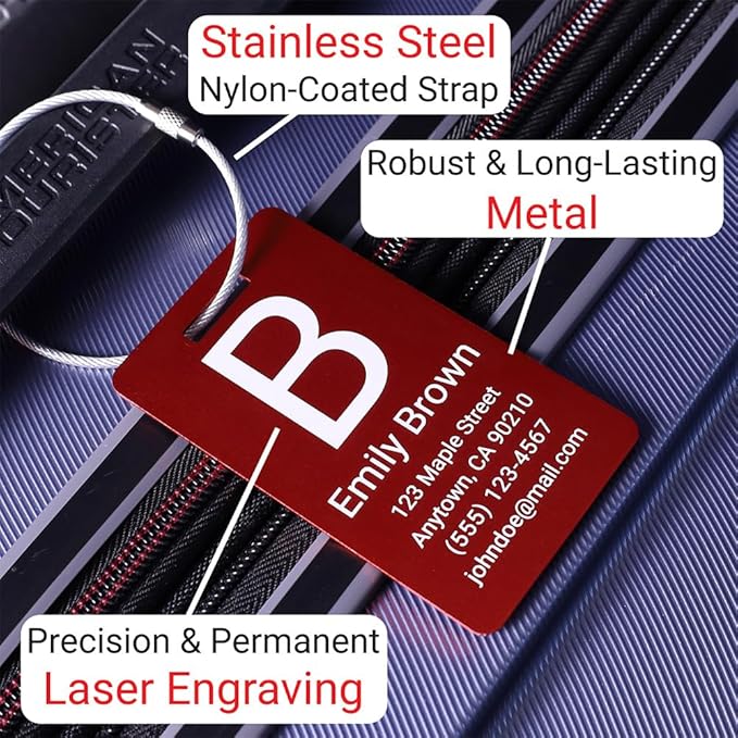 Personalized Luggage Tags for Suitcases 4 Pack – Custom Metal Name Tag for Travel, Golf Bag, and Baggage – Durable Aluminum Luggage Name Tags (Purple, Vertical)