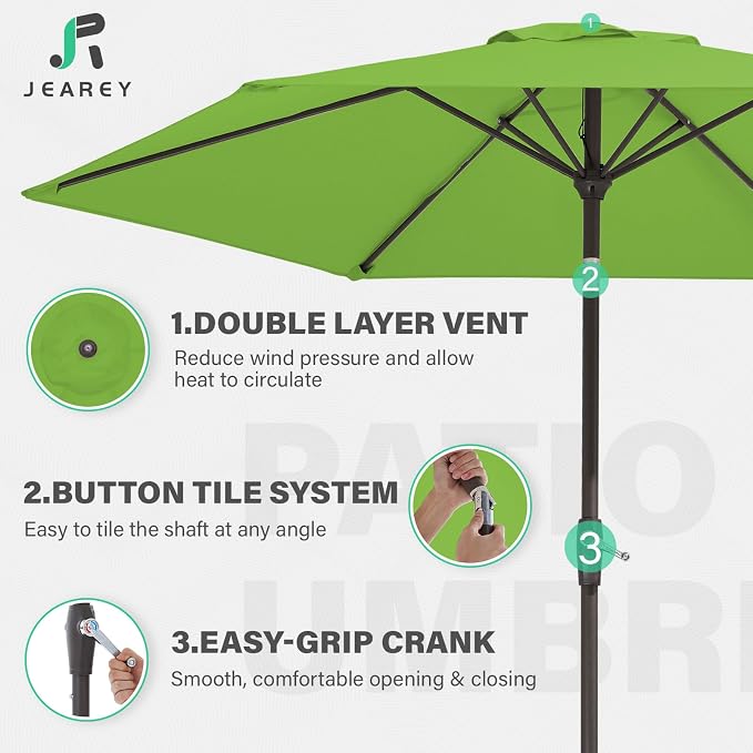JEAREY 7.5 ft Outdoor Patio Umbrella, Table Umbrella, Grass Green | 6 Sturdy - Image 3