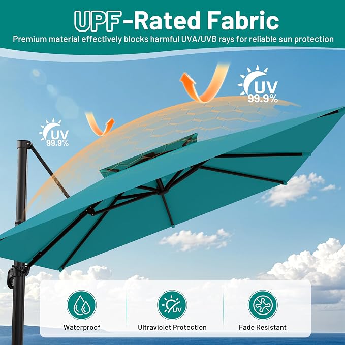 11×11 FT Double-Top Cantilever Patio Umbrella, Lake Blue | Square Offset - Image 4