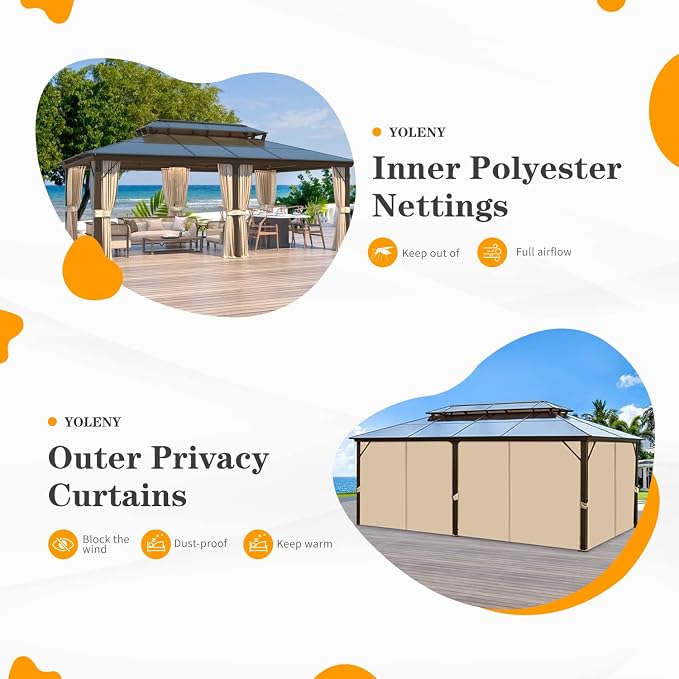 12'x20' Hardtop Gazebo, Outdoor Polycarbonate Double Roof Canopy, Aluminum - Image 8
