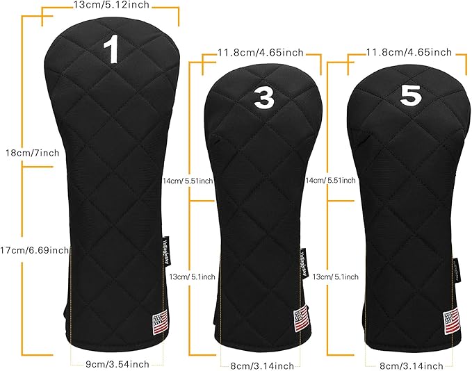 Golf Head Covers Driver Fairway #3#5 Hybrid USA Flag for Club Men Women, (Black or White)