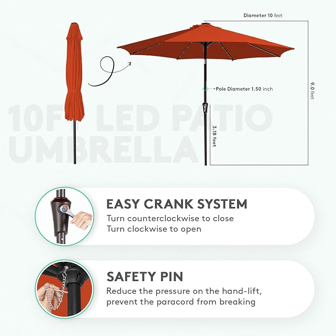 JEAREY 10' Patio Umbrella with Solar Lights, LED Umbrella, Tilt & Crank UV - Image 4