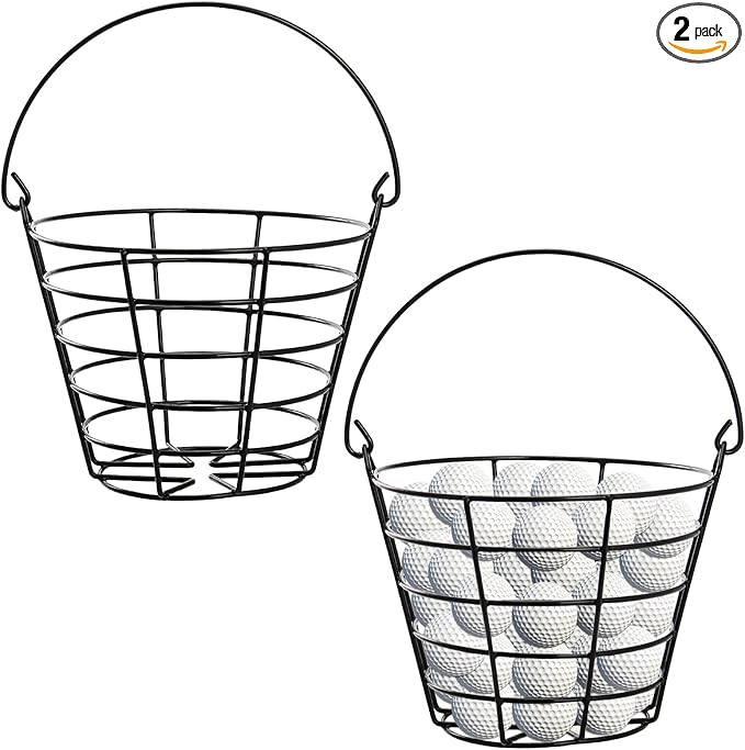 SINJEUN 2 Pack Metal Golf Ball Basket with Handle, Golf Ball Bucket, Golfball Container, Holds 50 Balls, Black