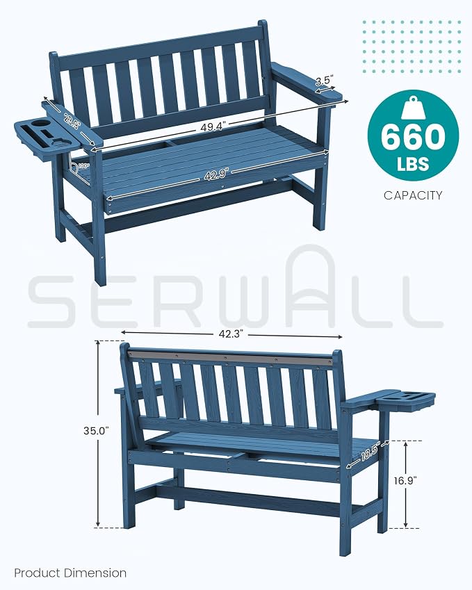 SERWALL HDPE Outdoor Bench, Weatherproof Porch Bench, 2 Pack, Suitable - Image 3