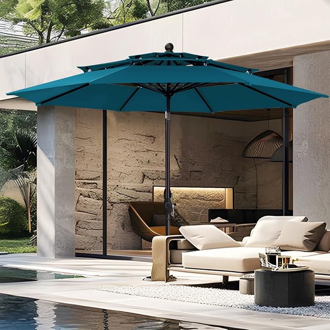 PHI VILLA 10ft Outdoor Patio Umbrellas, 3 Tier Vented Table Umbrella, Cyan | by PHIVILLA