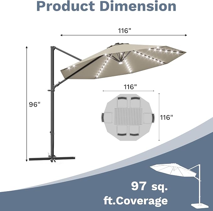 Devoko 10ft Solar LED Patio Umbrella, Round Cantilever Outdoor Umbrella - Image 3