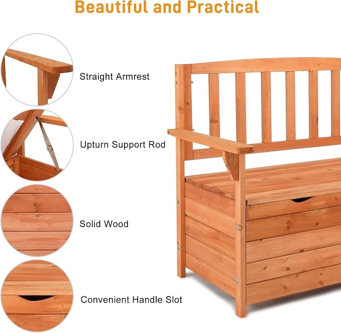 Outdoor Wood Storage Bench, Deck Box Loveseat, Natural | Waterproof Patio - Image 6