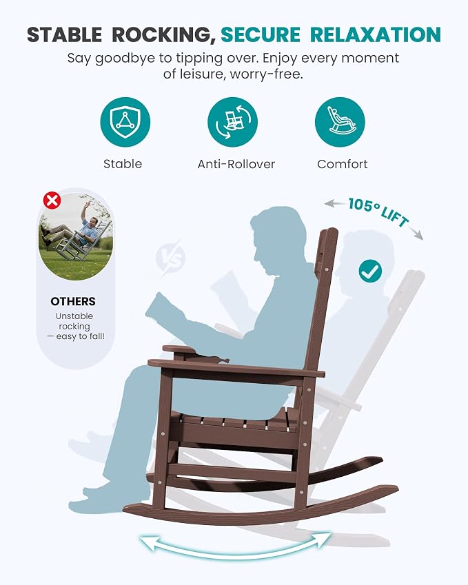 SERWALL Outdoor Rocking Chair Set of 4, Patio Rocking Chair, Coffee | HDPE - Image 5