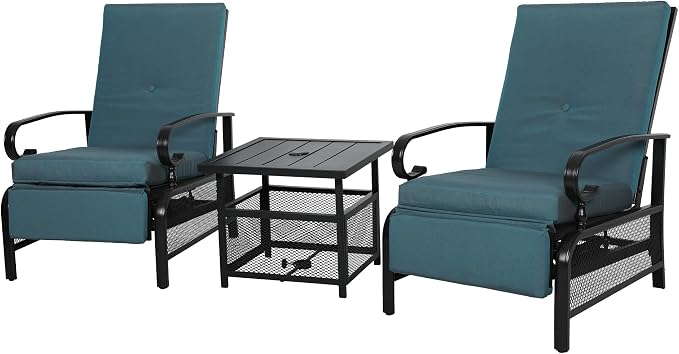 Incbruce 3 Pieces Outdoor Lounge Recliner Set, 2 Adjustable Metal Recliner Sofa by Incbruce