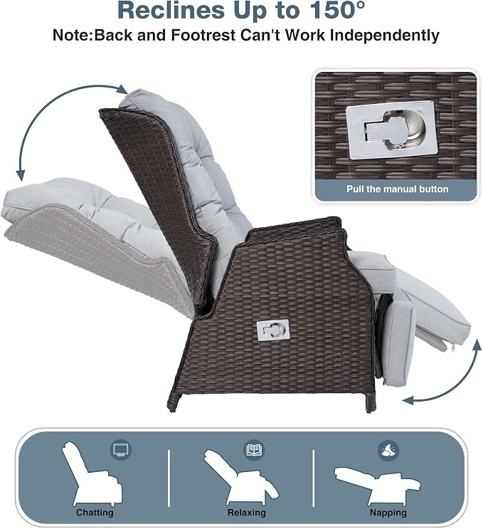 Outdoor Recliner with Adjustable Back and Footrest, Light Grey | Wicker - Image 3
