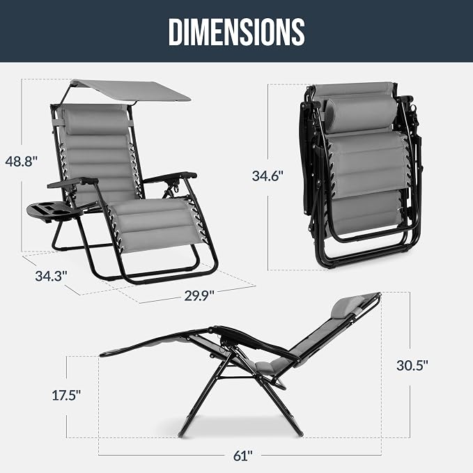 Best Choice Products Oversized Padded Zero Gravity Chair w/Canopy Headrest Cup - Image 2