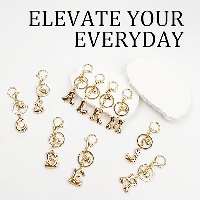 Gold Bubble Heart, Cherry, Bow & More Designs Letter Initial Keychain Bag Charms – Cute Purse Charms for Handbags