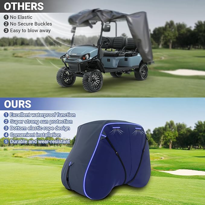 Golf Cart Cover Suitable 6/4+2 Passenger for Yamaha/EZGO Club Cart Heavy Duty 420D Waterproof Windproof Golf Cart Cover All-Weather Protection with Zipper Door Blue/Gray