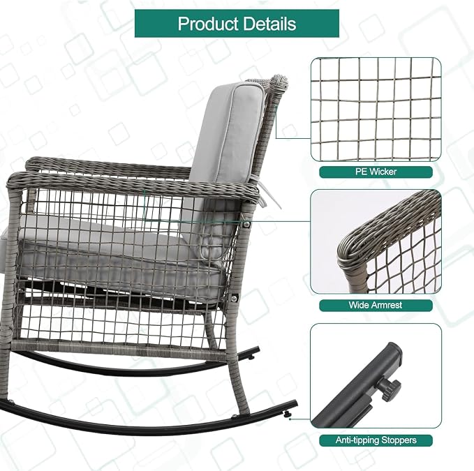DECMICO 3-Piece Grey Wicker Rocking Chair Set, Outdoor Patio Furniture | Modern - Image 4