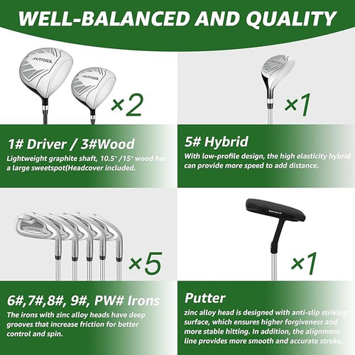 10 Pieces Golf Clubs Full Set Mens Right Hand,Golf Set Includes Stand Bag with Rain Hood, 1#Driver 3#Wood #5 Hybrid,with 3 Head Covers, 6# 7# 8# 9# PW# Irons and Putter