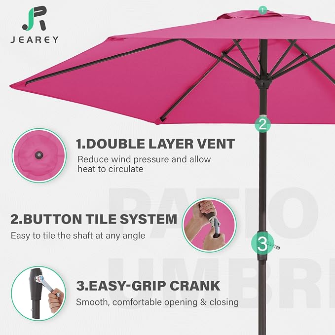 JEAREY 7.5 ft Outdoor Patio Umbrella, Table Umbrella, Rose Pink | 6 Sturdy Ribs - Image 6