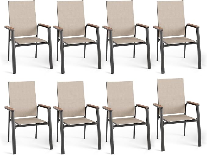 PHI VILLA Outdoor Stackable Dining Chairs Set of 8 w/Aluminum Frame, by PHIVILLA