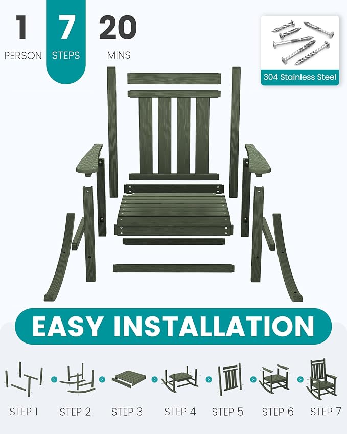 SERWALL Outdoor Rocking Chair for Adults, Avocado Green | 21.1" Widened Seat - Image 5