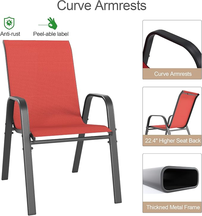 Outdoor Patio Chairs Set of 4 Stackable Dining Chairs All-Weather Textilene - Image 8