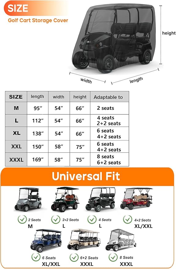Golf Cart Cover 4 Passenger Heavy Duty, 420D Waterproof Golf Cart Covers Extended Roof Compatible with EZ GO Club Car Yamaha Golf Carts, Outdoor Dustproof 4 Seat Club Car Cover (Up to 112 Inch)