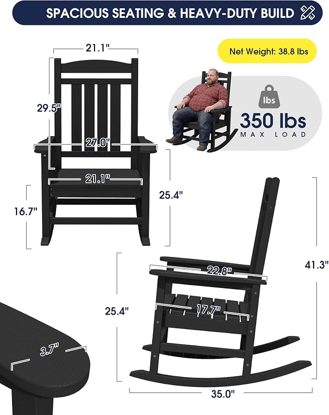 Oversized Outdoor Rocking Chairs Set of 2, HDPE Porch Rocker - Image 3