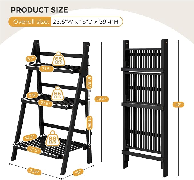 oakvivo 39.4" Foldable Plant Shelf Ladder Shelf, 3 Tier Bamboo Ladder Flower - Image 2