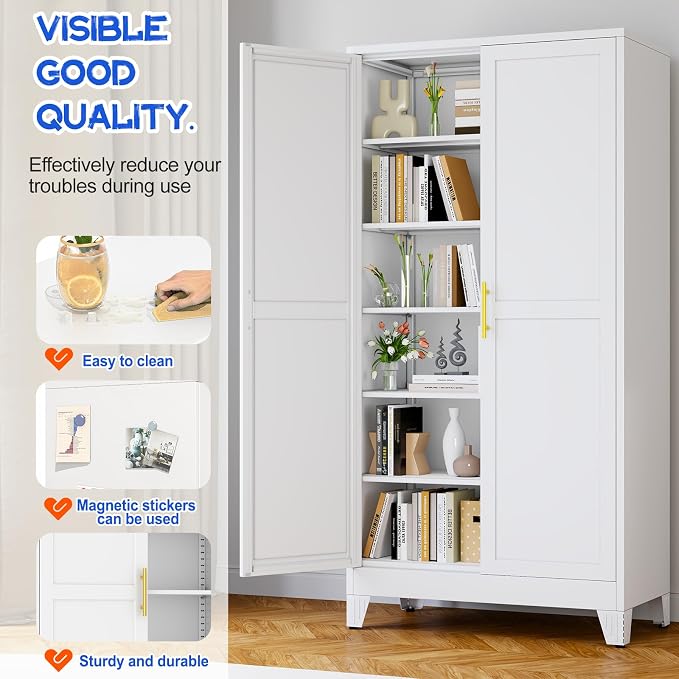 GAIOUS 79'' Tall Metal Garage Storage Cabinet, Home Office Cabinet White | Home - Image 4
