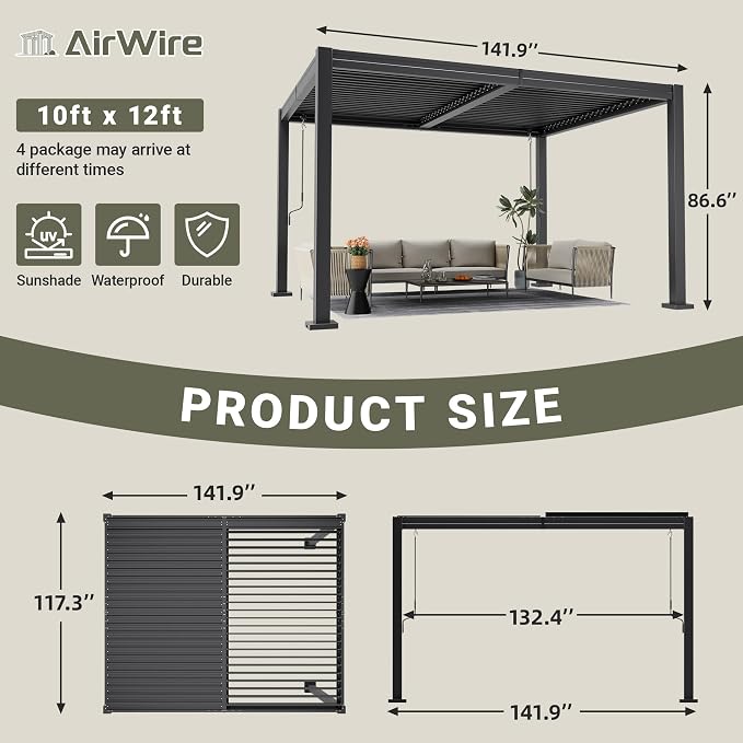 AirWire 10x12 FT Louvered Pergola Dark Gray | Metal Gazebo - Image 2