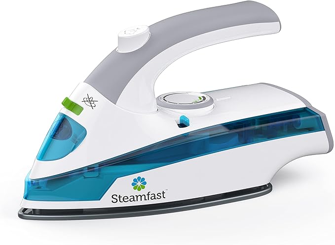 Steamfast SF-710 Mini Steam Iron, Non-Stick Sole Plate, Foldable Handle, 45 Second Heat Up Time, Cord Storage, Portable, 6-Foot Power Cord, Chemical-Free Steam Power, White