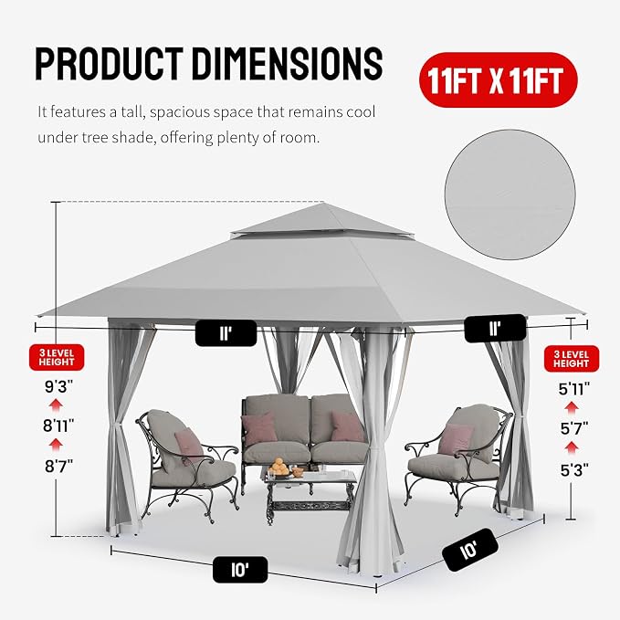 CROWN SHADES 11x11 Pop Up Gazebo, Outdoor Canopy Tent, One Push Instant Gazebo - Image 6
