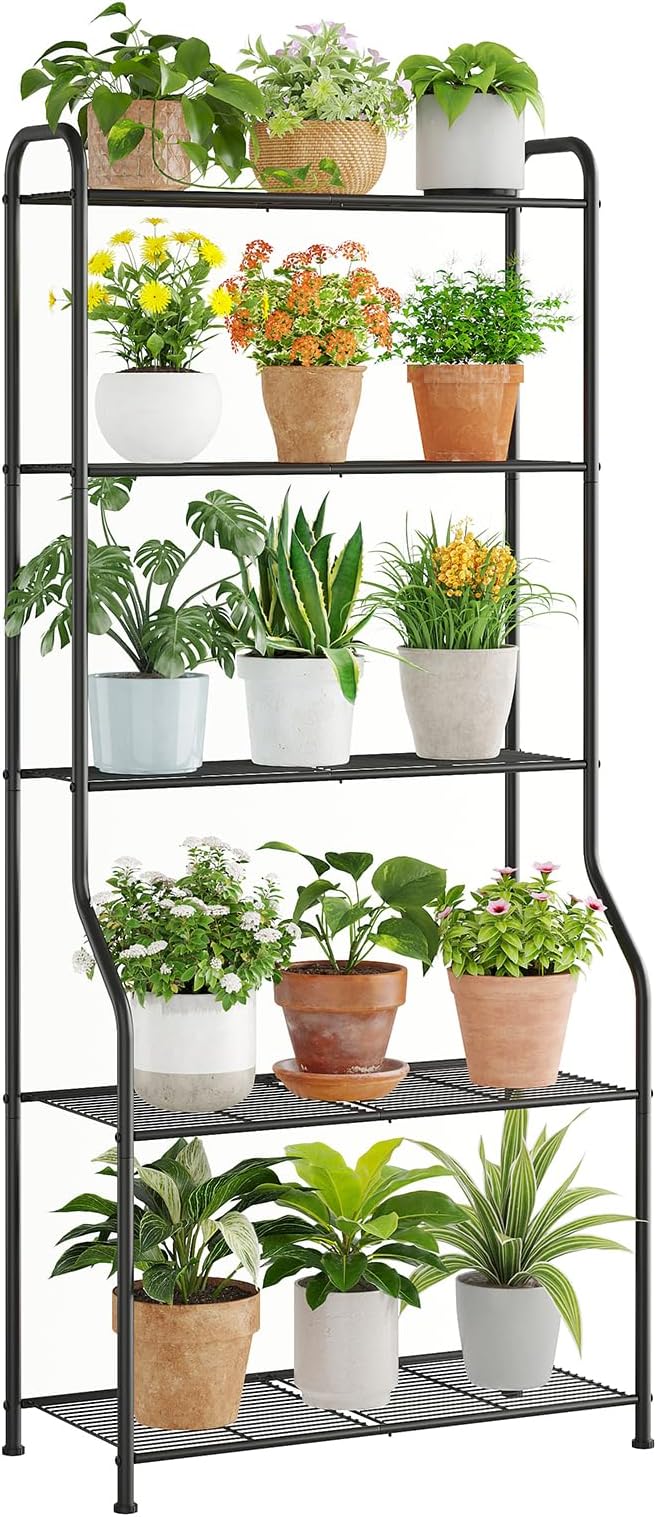 5-Tier Corner Plant Stand, Metal Black Flower Pot Rack, Indoor Outdoor Heavy by Wieghda