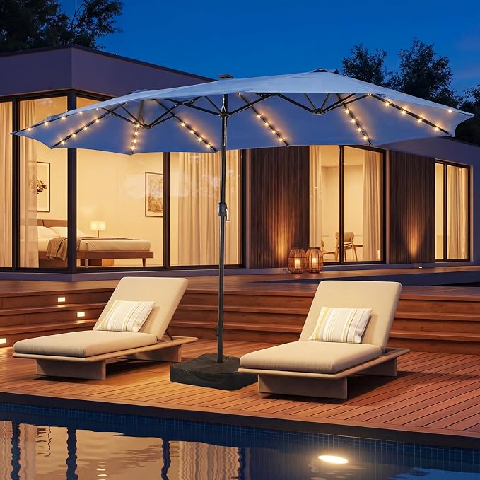 Aoxun 15ft Patio Umbrella with Base & Solar LED Lights, Outdoor Double-Sided by Aoxun
